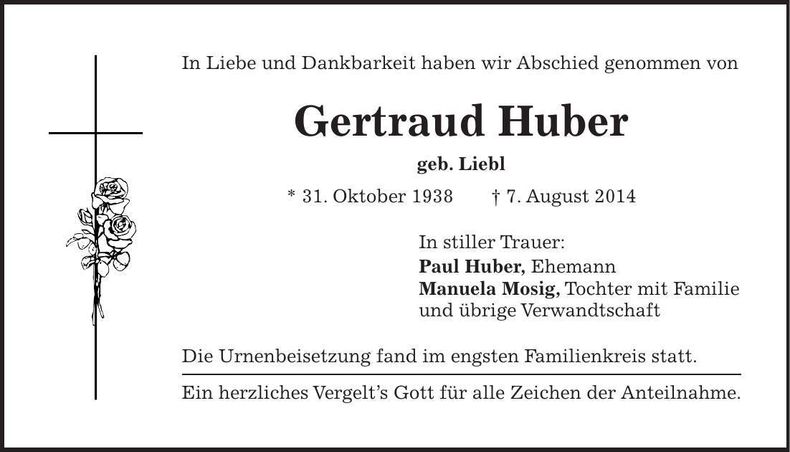 Traueranzeige Gertraud Huber
