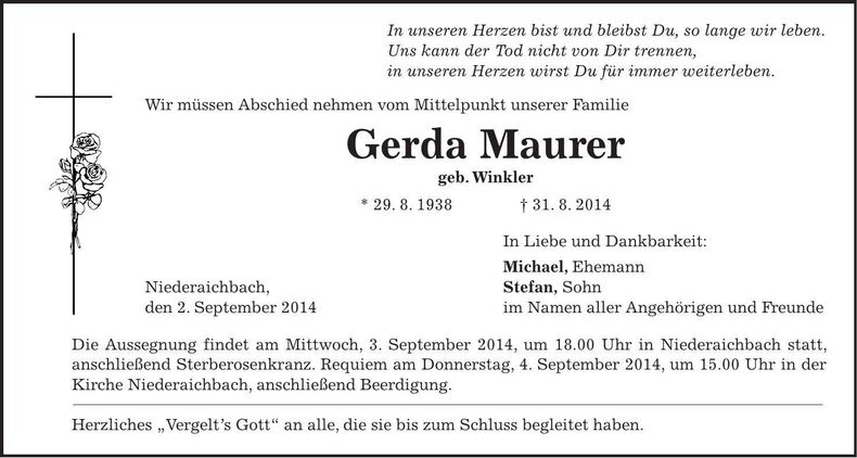 Traueranzeige Gerda Maurer