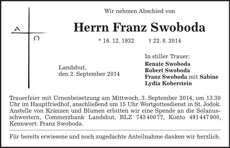 Traueranzeige Franz Swoboda