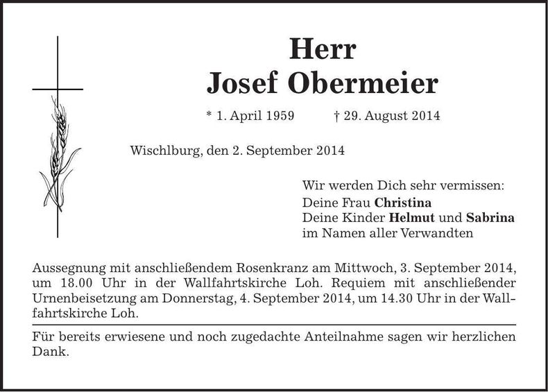 Traueranzeige Josef Obermeier