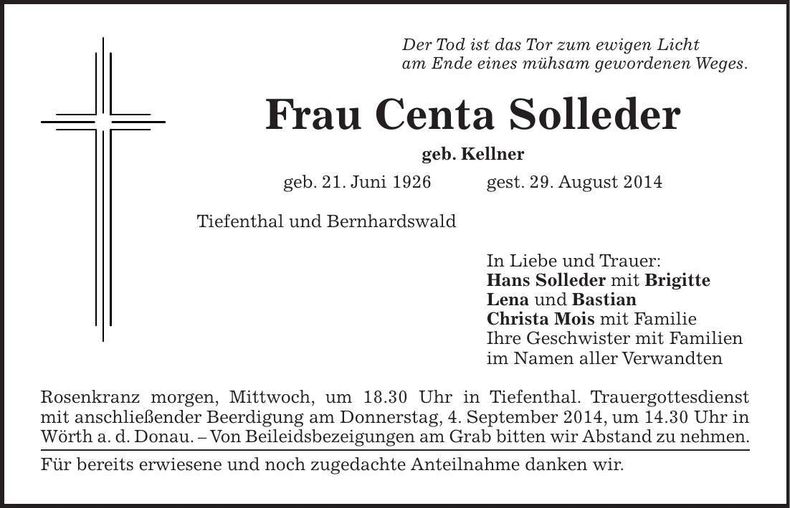 Traueranzeige Solleder Centa