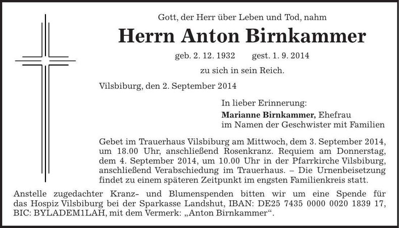 Traueranzeige Anton Birnkammer