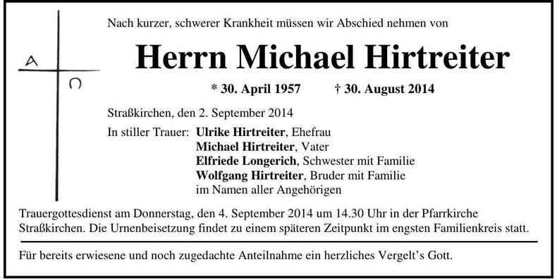 Traueranzeige Michael Hirtreiter