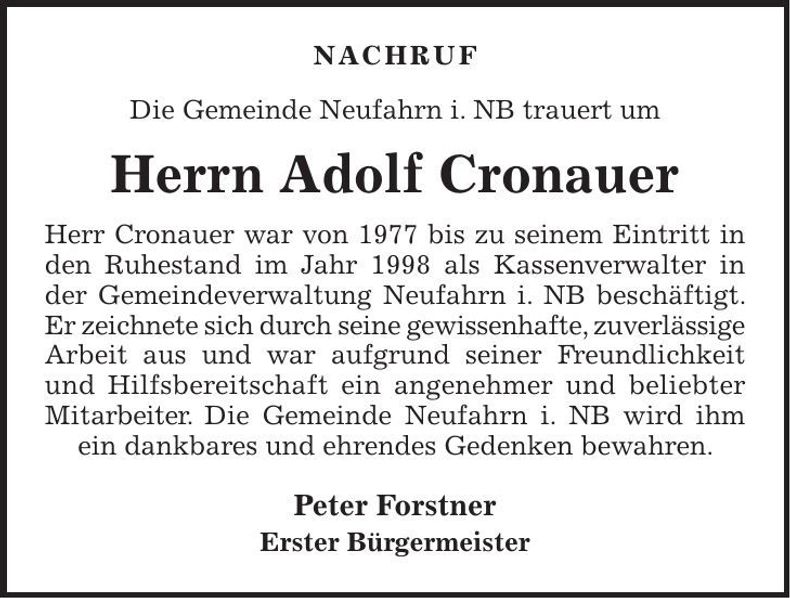 Traueranzeige Adolf Cronauer