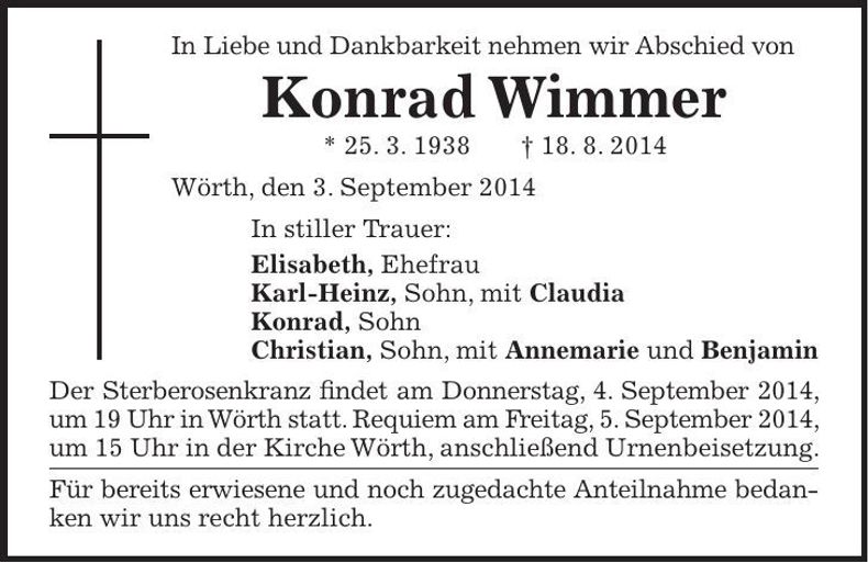 Traueranzeige Konrad Wimmer