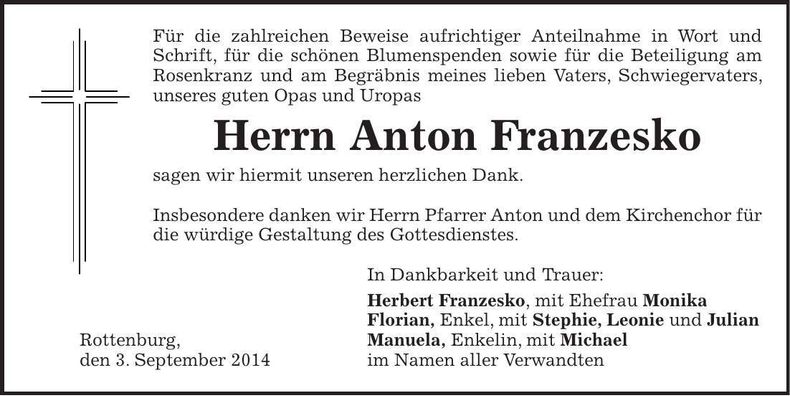 Traueranzeige Anton Franzesko