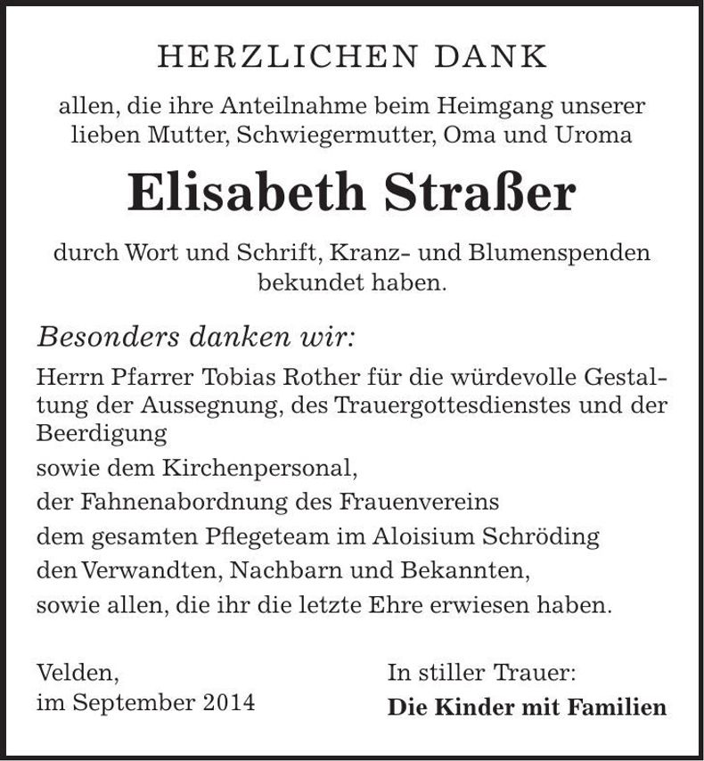 Traueranzeige Elisabeth Straßer