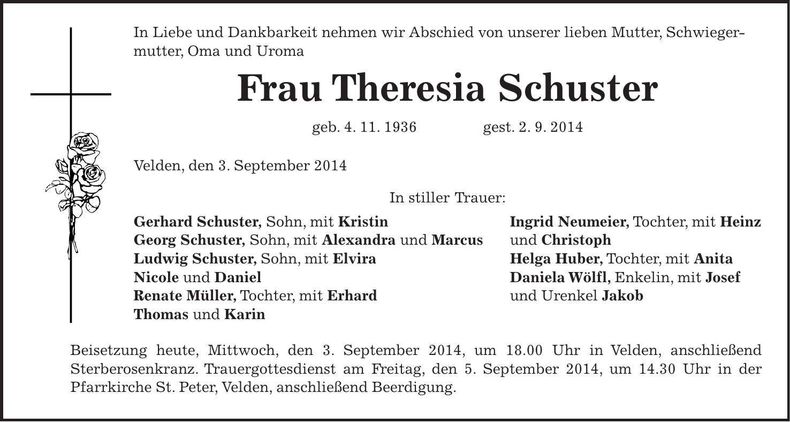 Traueranzeige Theresia Schuster