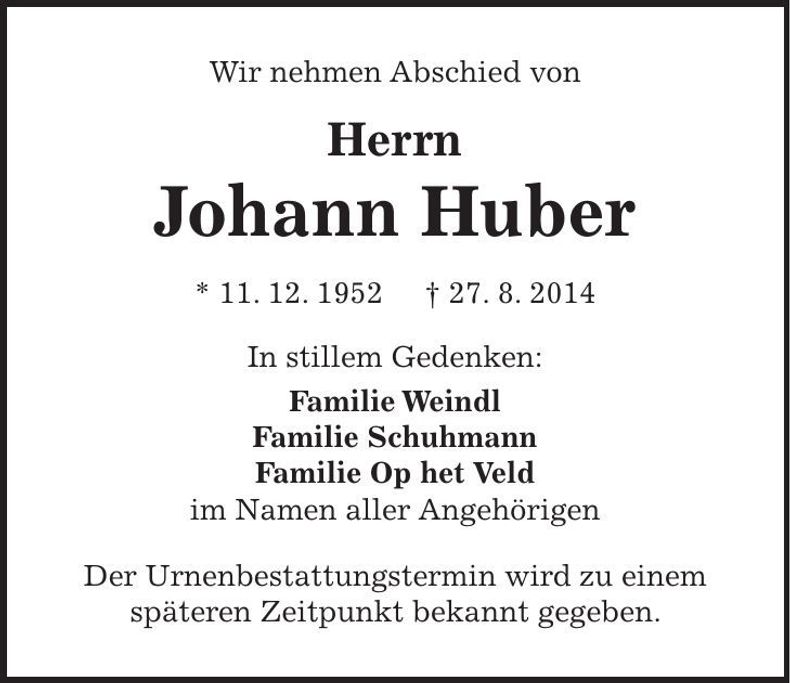Traueranzeige Johann Huber