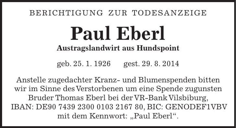Traueranzeige Paul Eberl