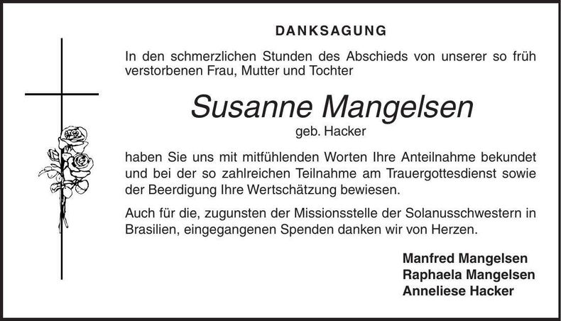 Traueranzeige Susanne Mangelsen