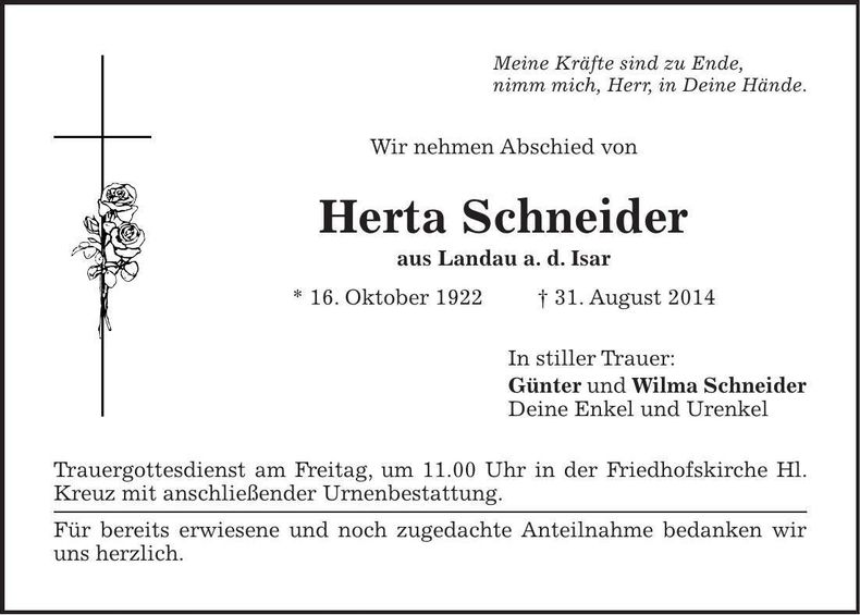 Traueranzeige Herta Schneider
