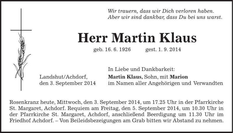 Traueranzeige Martin Klaus