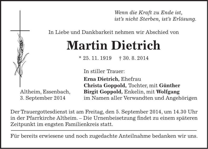 Traueranzeige Martin Dietrich