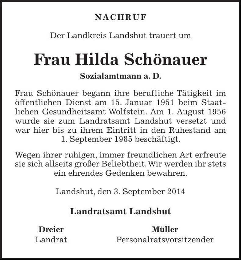 Traueranzeige Hilda Schönauer