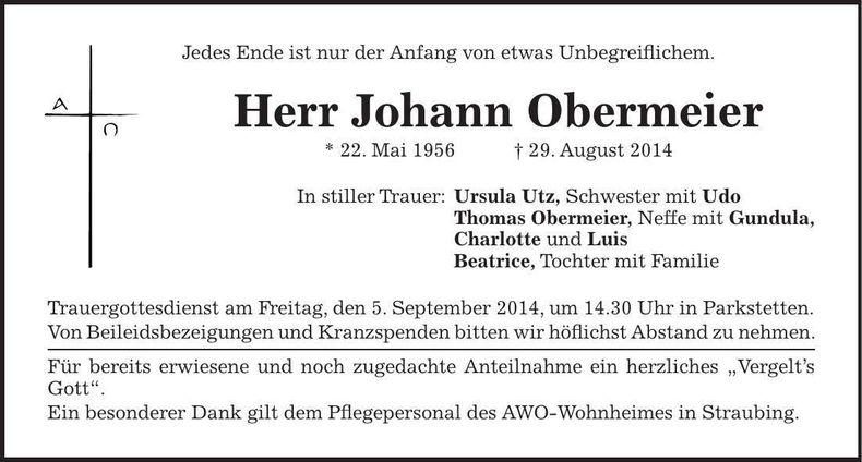 Traueranzeige Johann Obermeier