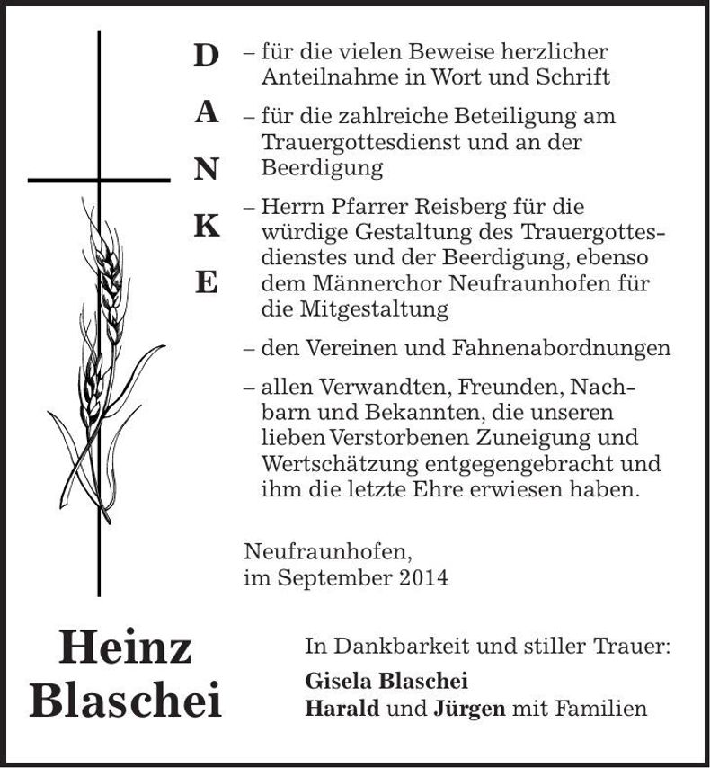 Traueranzeige Heinz Blaschei