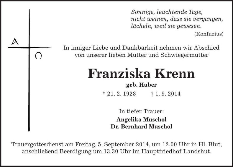 Traueranzeige Franziska Krenn