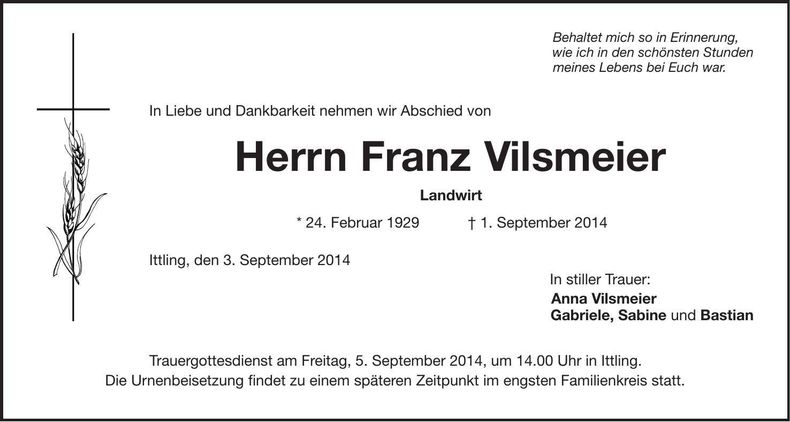 Traueranzeige Franz Vilsmeier