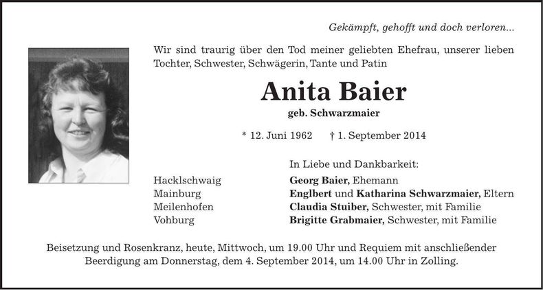 Traueranzeige Anita Baier