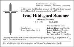 Traueranzeige Hildegard Stauner