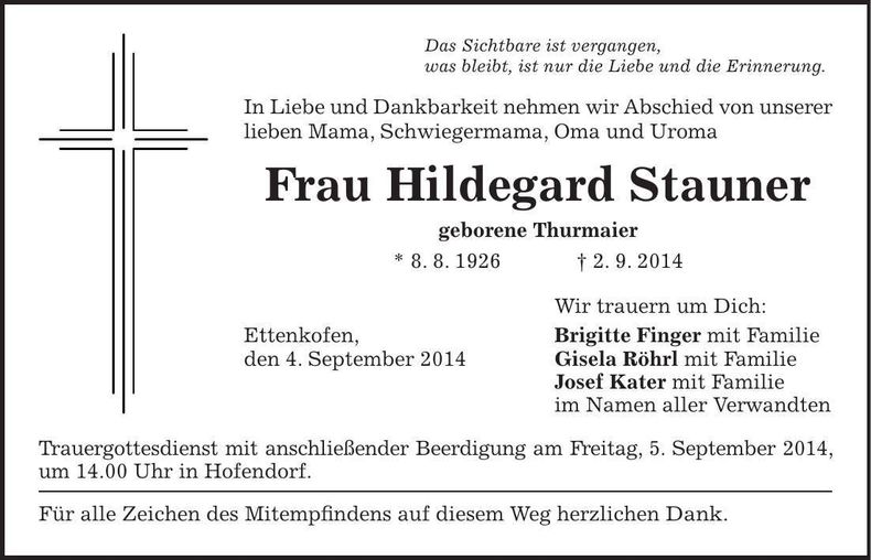 Traueranzeige Hildegard Stauner