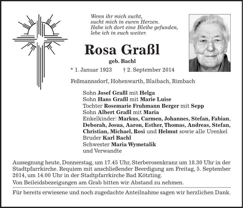 Traueranzeige Rosa Graßl
