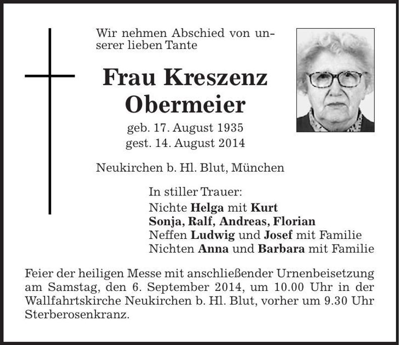 Traueranzeige Kreszenz Obermeier