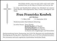 Traueranzeige Franziska Koubek