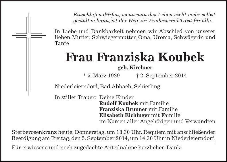 Traueranzeige Franziska Koubek