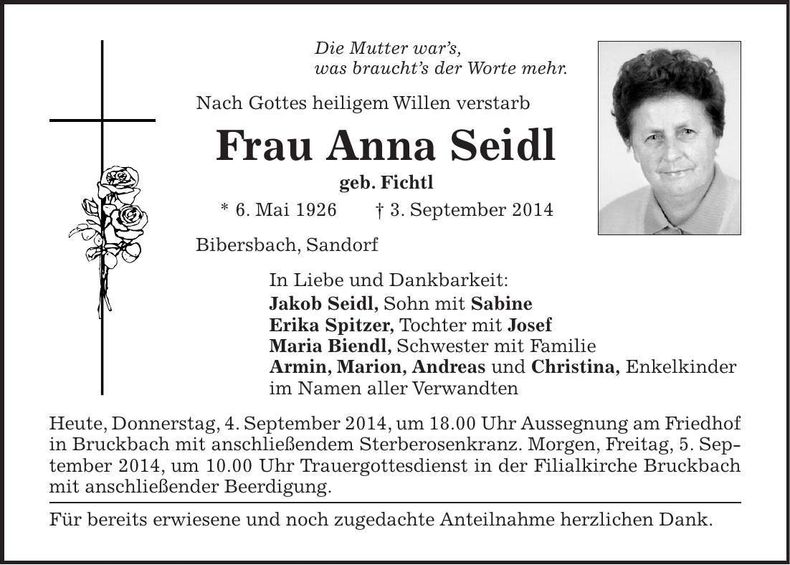 Traueranzeige Anna Seidl
