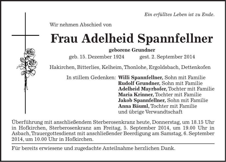 Traueranzeige Adelheit Spannfellner