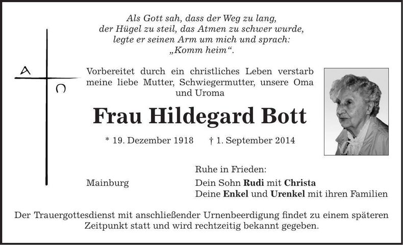 Traueranzeige Hildegard Bott