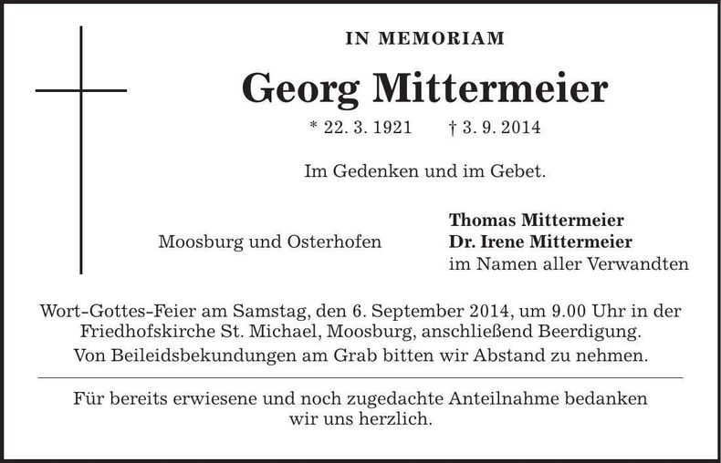 Traueranzeige Georg Mittermeier