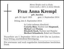 Traueranzeige Anna Krempl