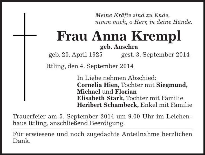Traueranzeige Anna Krempl