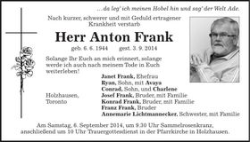 Traueranzeige Anton Frank