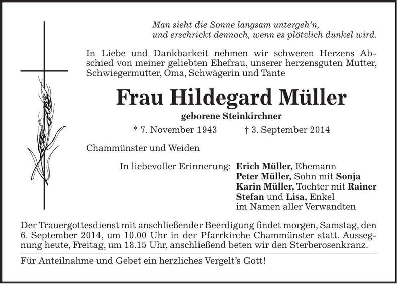 Traueranzeige Hildegard Müller