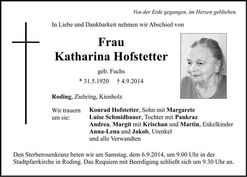 Traueranzeige Katharina Hofstetter