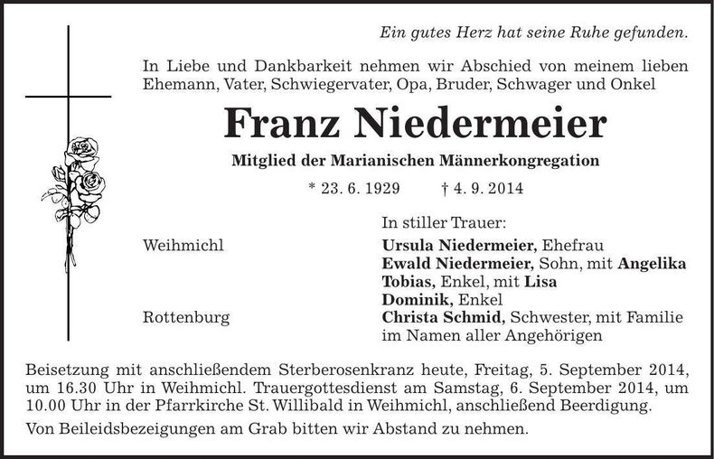 Traueranzeige Franz Niedermeier