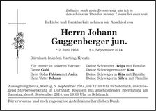 Traueranzeige Johann Guggenberger jun.