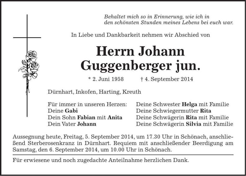 Traueranzeige Johann Guggenberger jun.