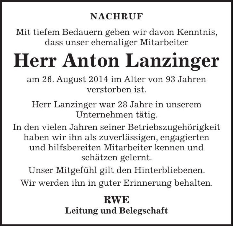 Traueranzeige Anton Lanzinger