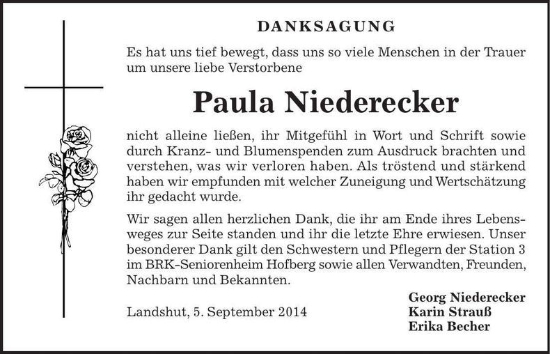 Traueranzeige Paula Niederecker