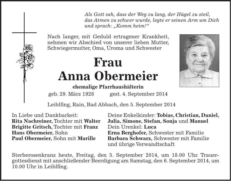 Traueranzeige Anna Obermeier