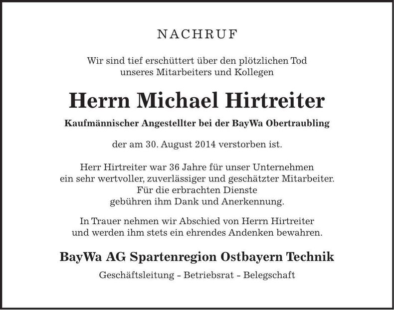 Traueranzeige Michael Hirtreiter