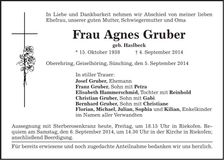 Traueranzeige Agnes Gruber