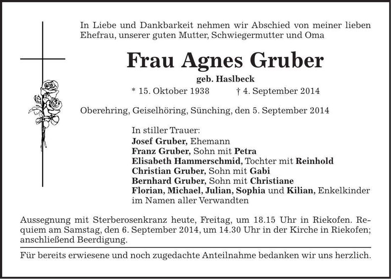 Traueranzeige Agnes Gruber