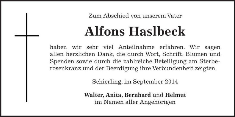 Traueranzeige Alfons Haslbeck