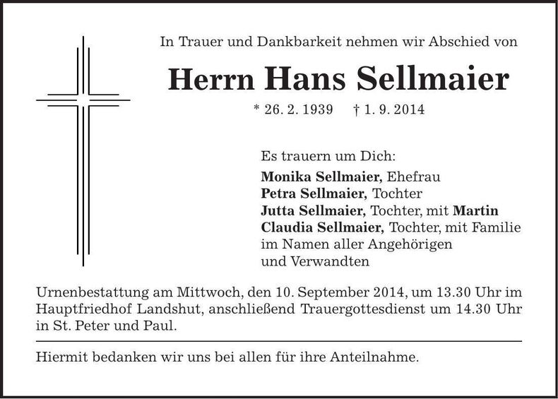 Traueranzeige Hans Sellmaier